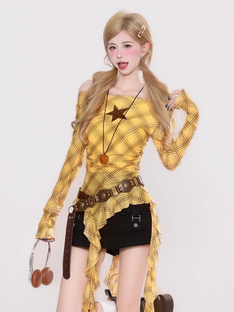 Y2K Plaid Slash Neck Vintage T - đánh giá và giá T-Shirts