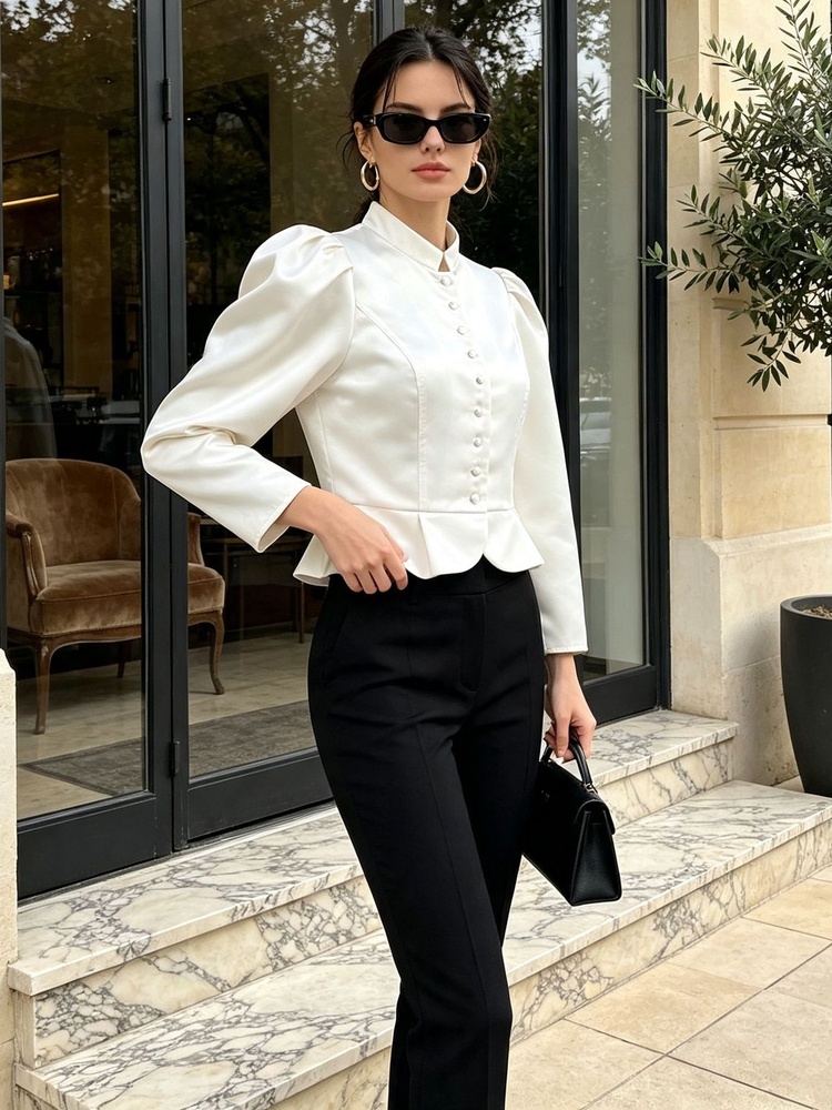 Peplum Blouse Long Sleeve Puff - đánh giá và giá Mandarin Collar Formal Shirt Slim Fit