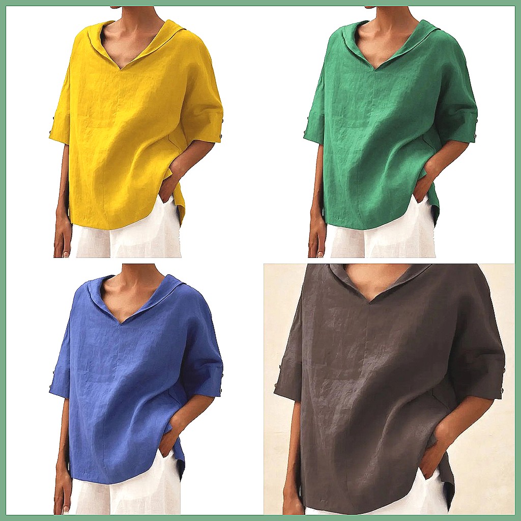 Women's Loose V-Neck Cotton Li - đánh giá và giá Shirts
